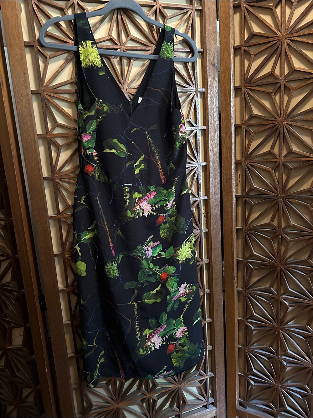 Babaton Silk Black Floral Midi Dress with Green and Pink Accents 4